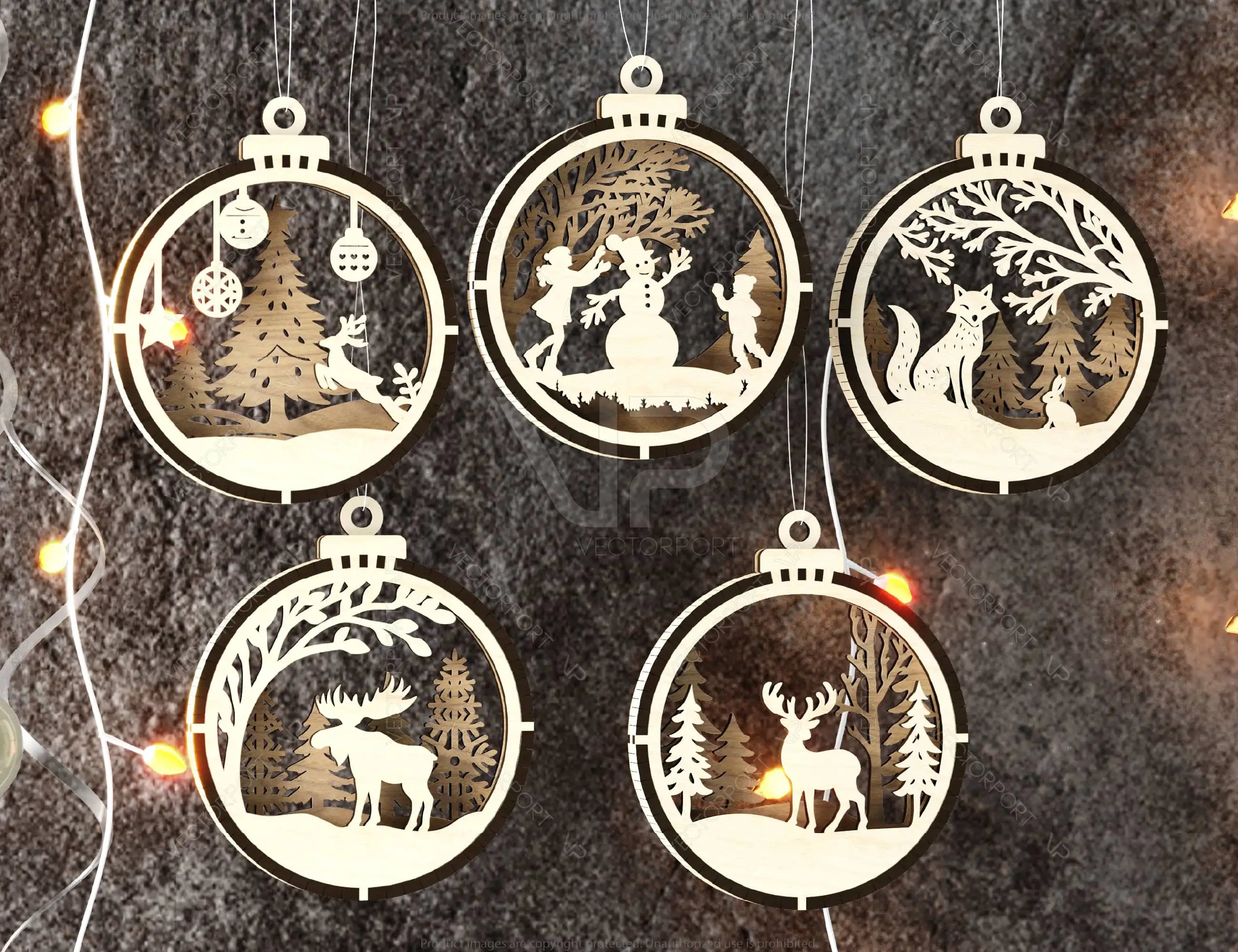 New Year Themed Bundle of 3D Christmas Ornaments, Tree Decorations Craft Set, Hanging Bauble with Snowy Scene Holiday Laser Cut Digital Download |#U481|