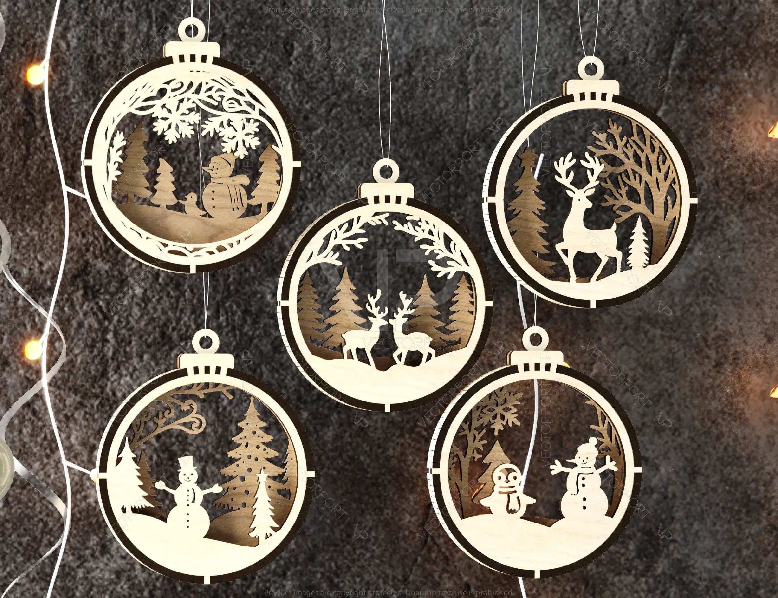 New Year Themed Bundle of 3D Christmas Ornaments, Tree Decorations Craft Set, Hanging Bauble with Snowy Scene Holiday Laser Cut Digital Download |#U481|