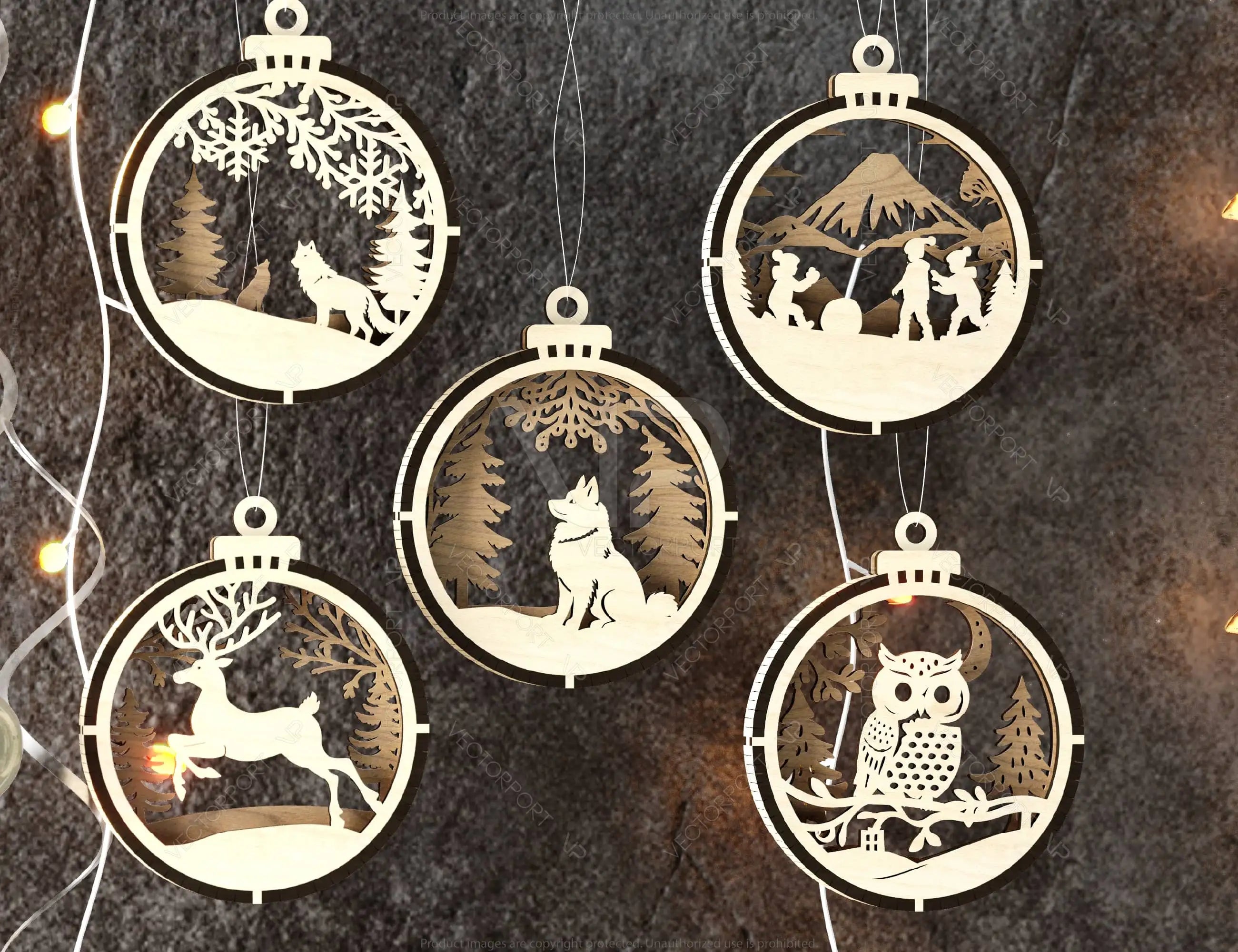 New Year Themed Bundle of 3D Christmas Ornaments, Tree Decorations Craft Set, Hanging Bauble with Snowy Scene Holiday Laser Cut Digital Download |#U481|