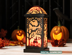 Papercut Halloween Lantern Tealight Holder Haunted House Ghosts Bats Spooky Scene Lamp Digital Download |#U485|