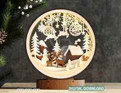 Christmas Village Scene Wooden Light | Laser Cut Snowman, Reindeer & House Ornament | 3D Layered Holiday Table Lamp Digital Download |#U488|