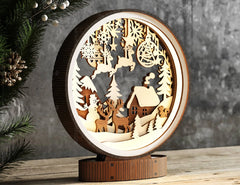 Christmas Village Scene Wooden Light | Laser Cut Snowman, Reindeer & House Ornament | 3D Layered Holiday Table Lamp Digital Download |#U488|