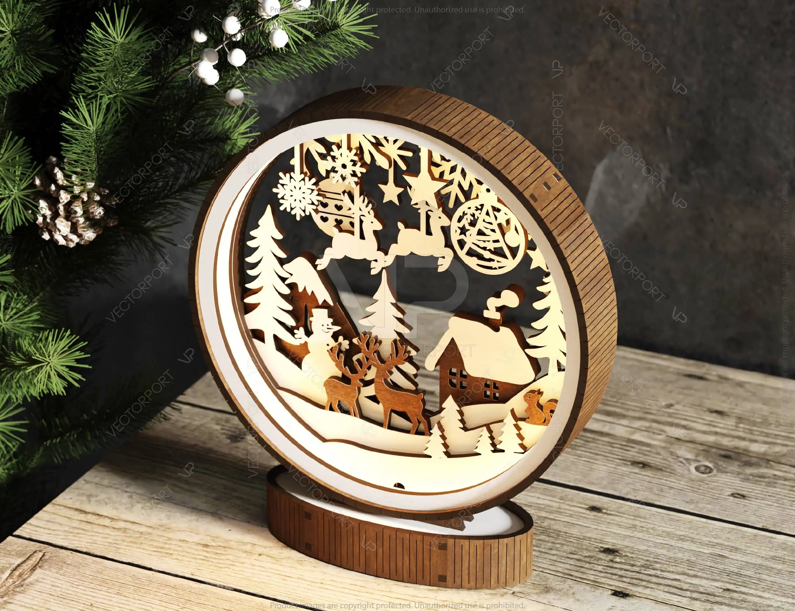 Christmas Village Scene Wooden Light | Laser Cut Snowman, Reindeer & House Ornament | 3D Layered Holiday Table Lamp Digital Download |#U488|