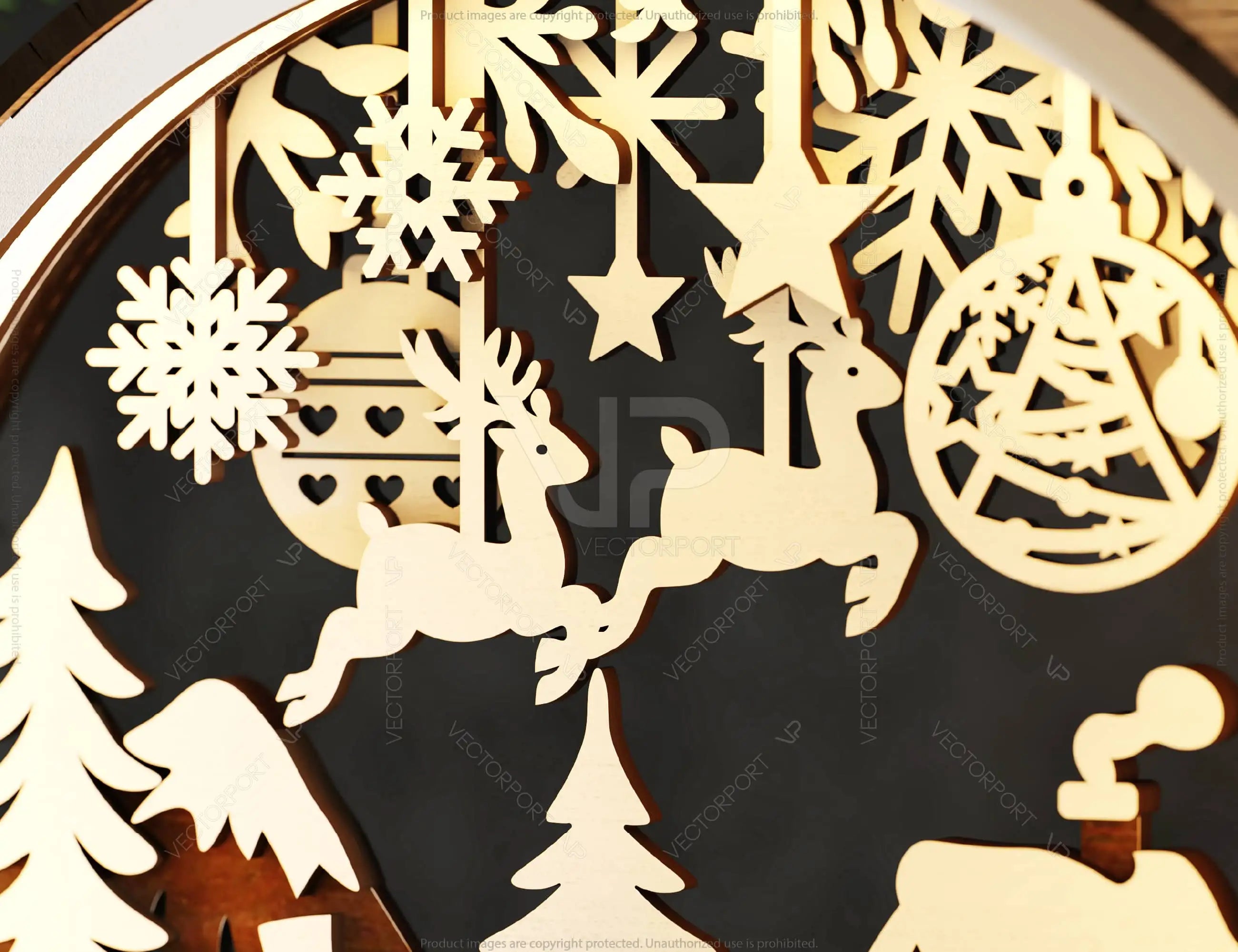 Christmas Village Scene Wooden Light | Laser Cut Snowman, Reindeer & House Ornament | 3D Layered Holiday Table Lamp Digital Download |#U488|