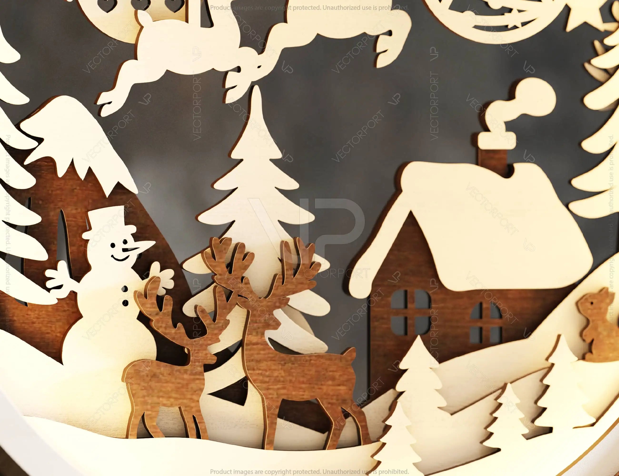 Christmas Village Scene Wooden Light | Laser Cut Snowman, Reindeer & House Ornament | 3D Layered Holiday Table Lamp Digital Download |#U488|