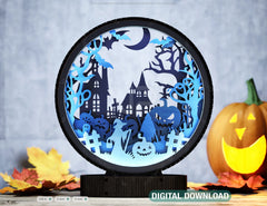 Halloween Lantern Tealight Holder Haunted House Ghosts Bats Spooky Scene Night Light | 3D Layered Holiday Table Lamp Digital Download |#U489|