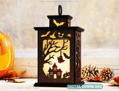 Minimalistic Halloween Lantern Tealight Haunted House Ghosts Bats Spooky Scene Night Light Digital Download |#U492|