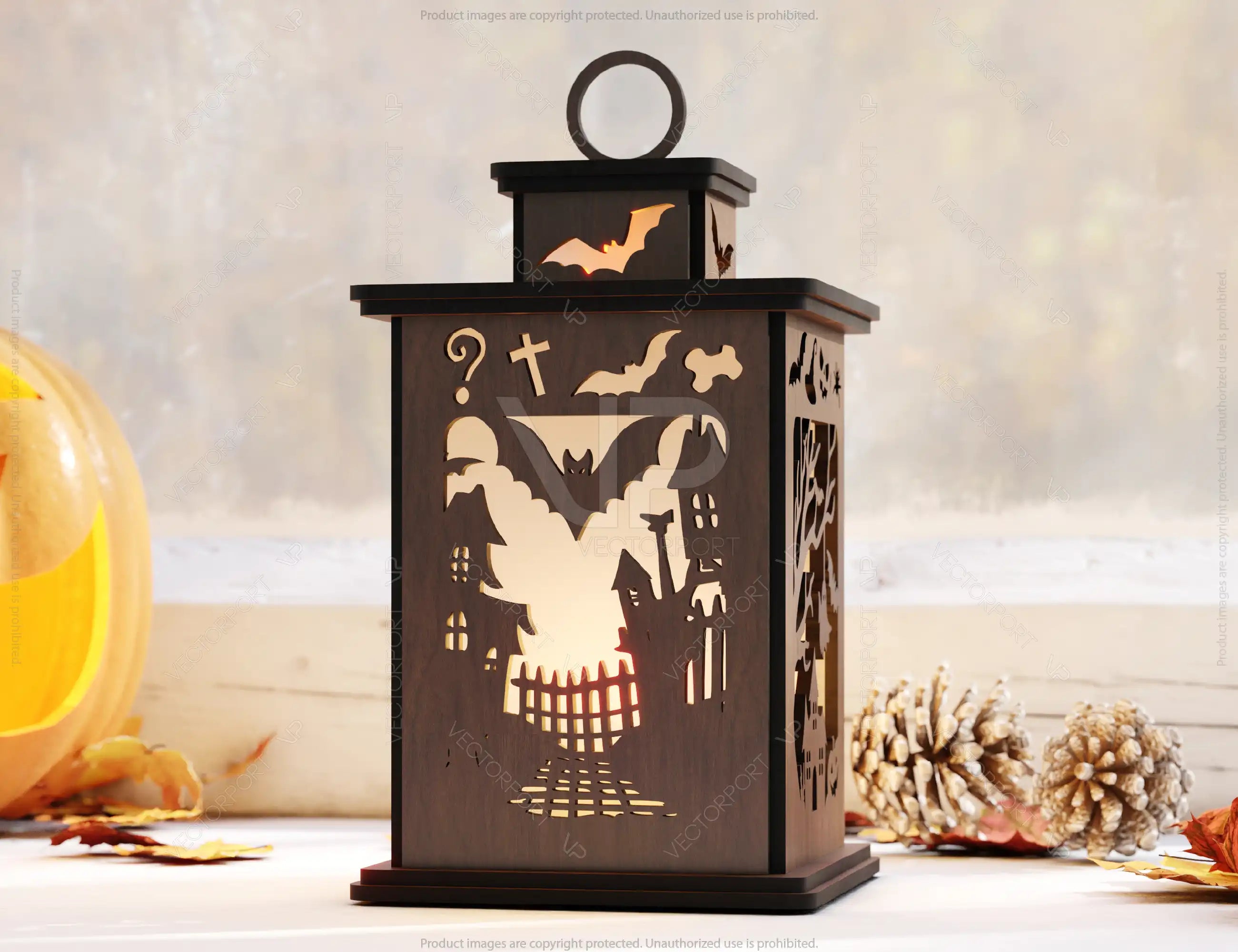 Minimalistic Halloween Lantern Tealight Haunted House Ghosts Bats Spooky Scene Night Light Digital Download |#U492|