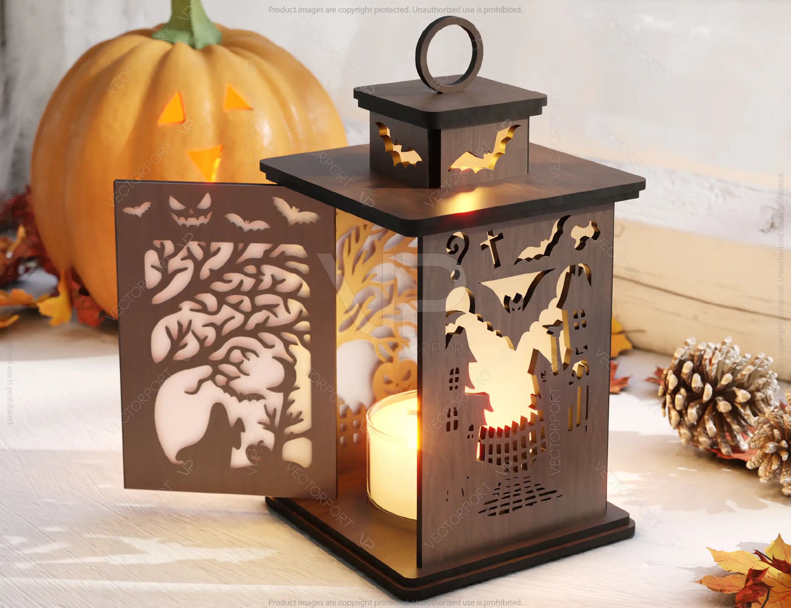 Minimalistic Halloween Lantern Tealight Haunted House Ghosts Bats Spooky Scene Night Light Digital Download |#U492|