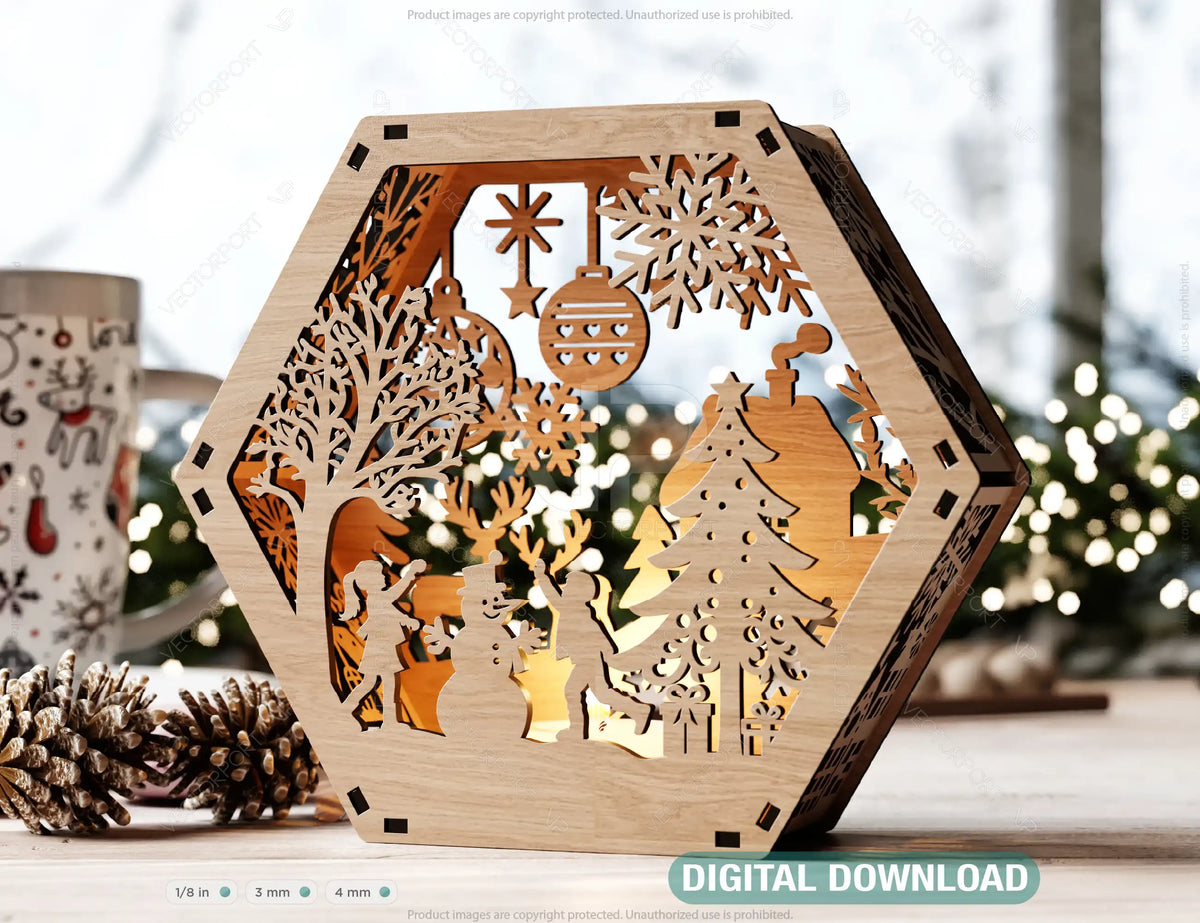 Hexagon Laser Cut Lamp Snowy Scene Christmas Lantern Candle Holder, Winter Wonderland Decoration Night Light, Digital Download |#U494|