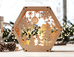 Hexagon Laser Cut Lamp Snowy Scene Christmas Lantern Candle Holder, Winter Wonderland Decoration Night Light, Digital Download |#U494|