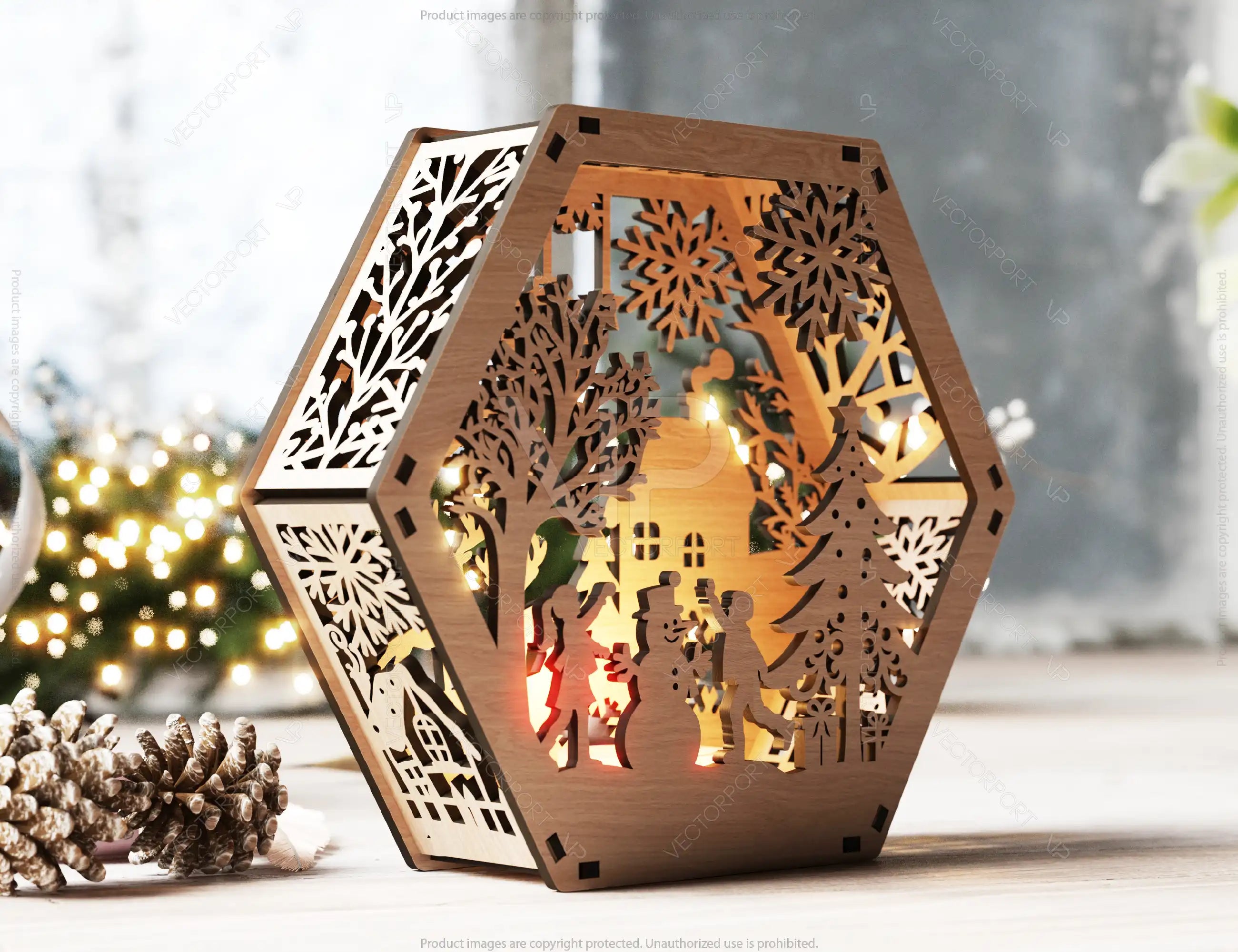 Hexagon Laser Cut Lamp Snowy Scene Christmas Lantern Candle Holder, Winter Wonderland Decoration Night Light, Digital Download |#U494|