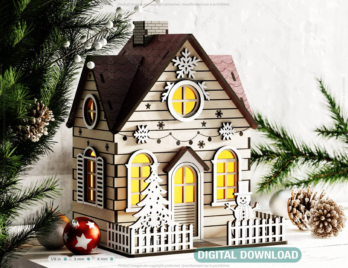 Christmas Village with Tree and Snowman: Winter Wonderland Miniature House - Snowy Scene Laser Cutting Digital Download |#U496|