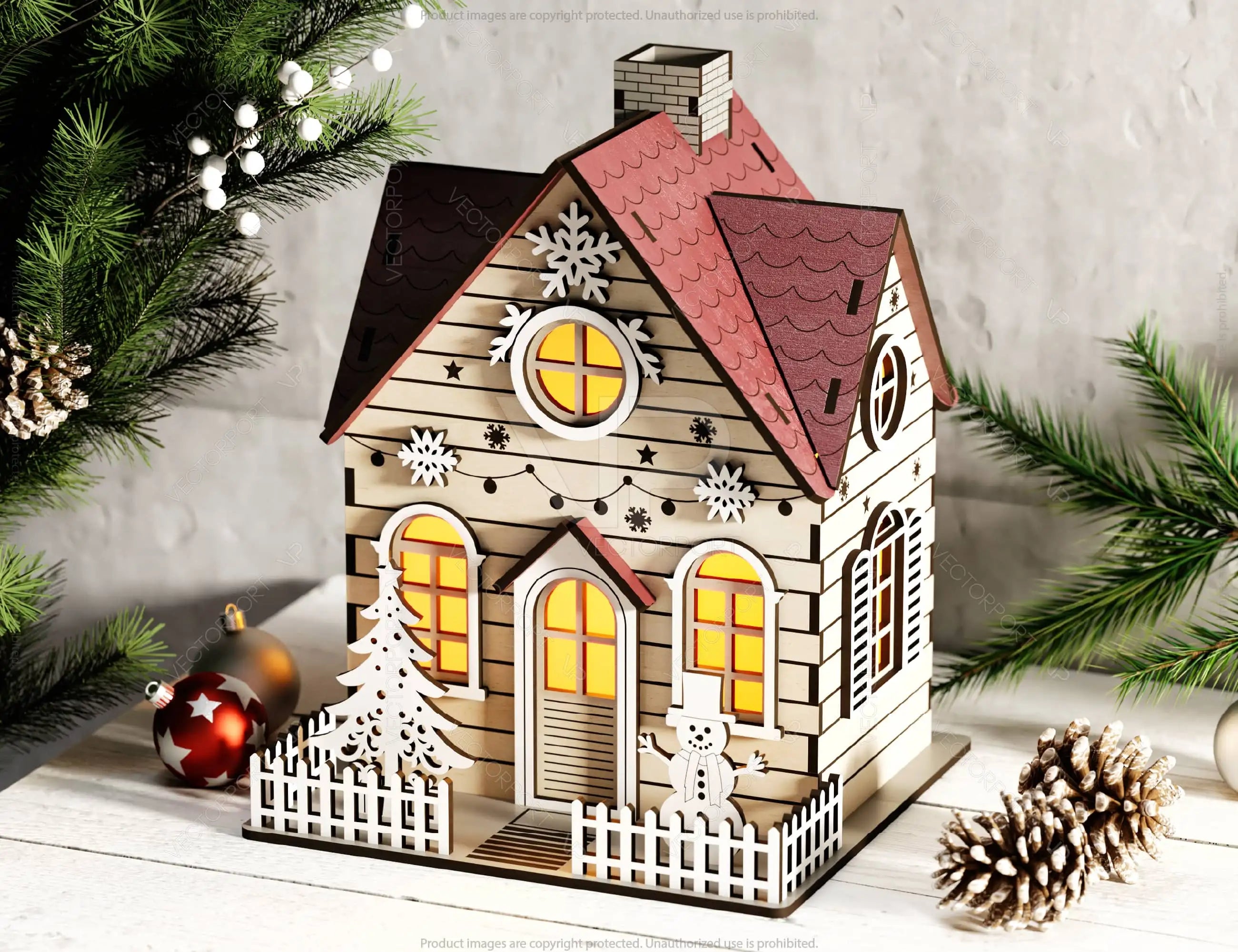 Christmas Village with Tree and Snowman: Winter Wonderland Miniature House - Snowy Scene Laser Cutting Digital Download |#U496|