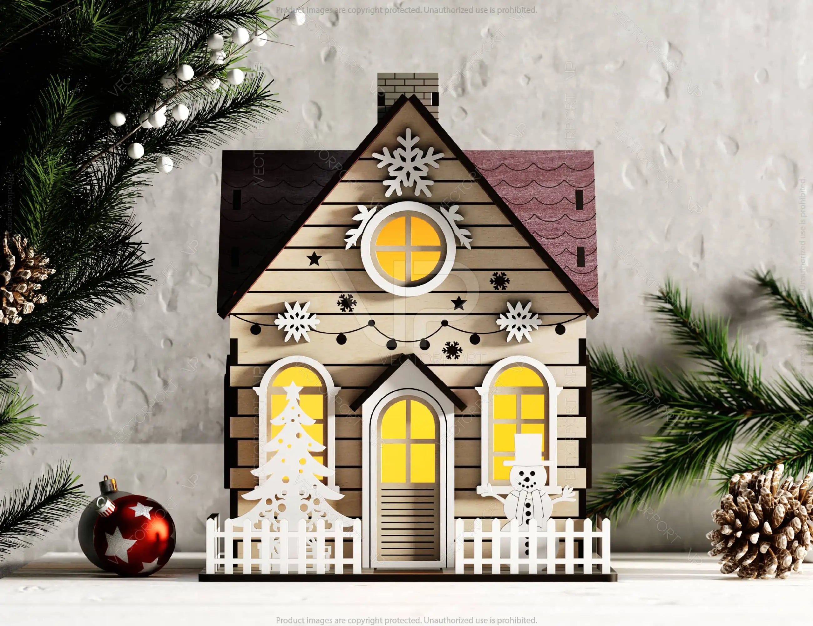 Christmas Village with Tree and Snowman: Winter Wonderland Miniature House - Snowy Scene Laser Cutting Digital Download |#U496|