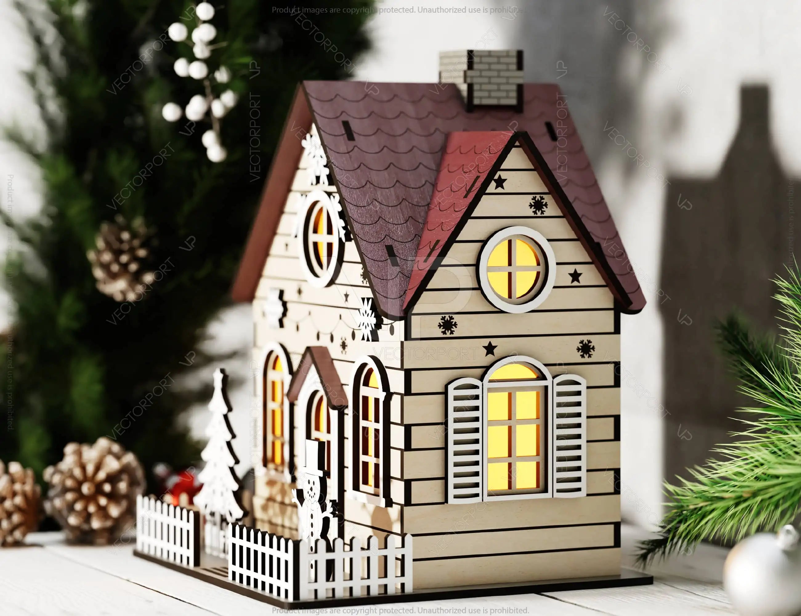 Christmas Village with Tree and Snowman: Winter Wonderland Miniature House - Snowy Scene Laser Cutting Digital Download |#U496|