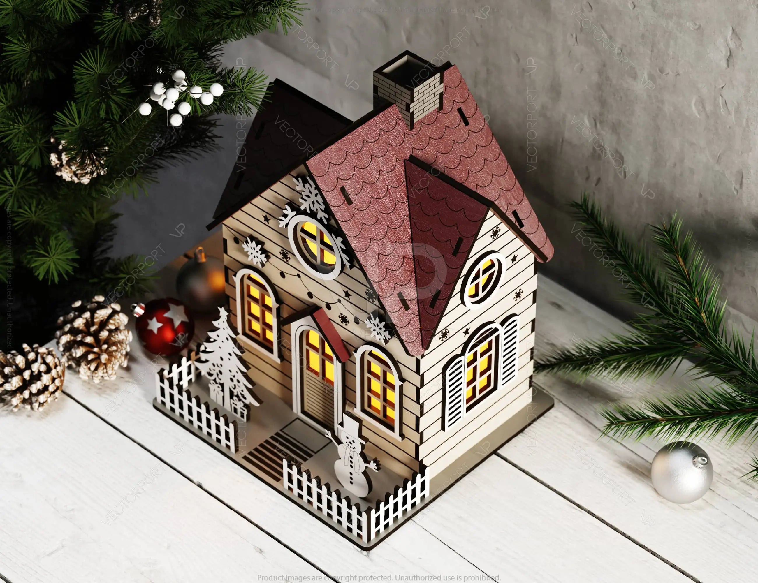 Christmas Village with Tree and Snowman: Winter Wonderland Miniature House - Snowy Scene Laser Cutting Digital Download |#U496|