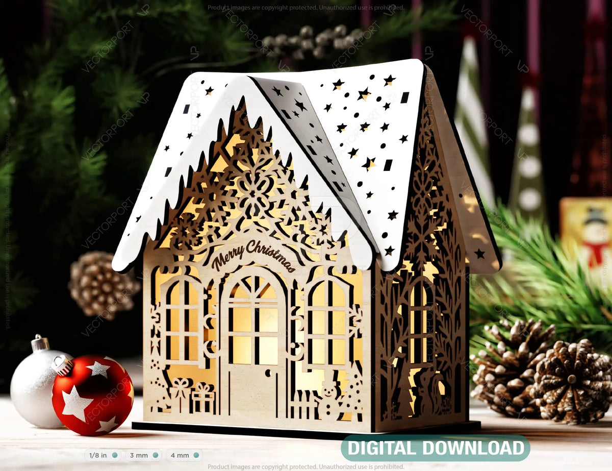 Winter Wonderland Christmas Village: Snowy Miniature House - New Year Scene Laser Cutting Digital Download |#U498|