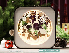 Christmas Village Lantern | Laser Cut Snowman, Reindeer & House | 3D Layered Holiday Table Lamp Digital Download |#U499|