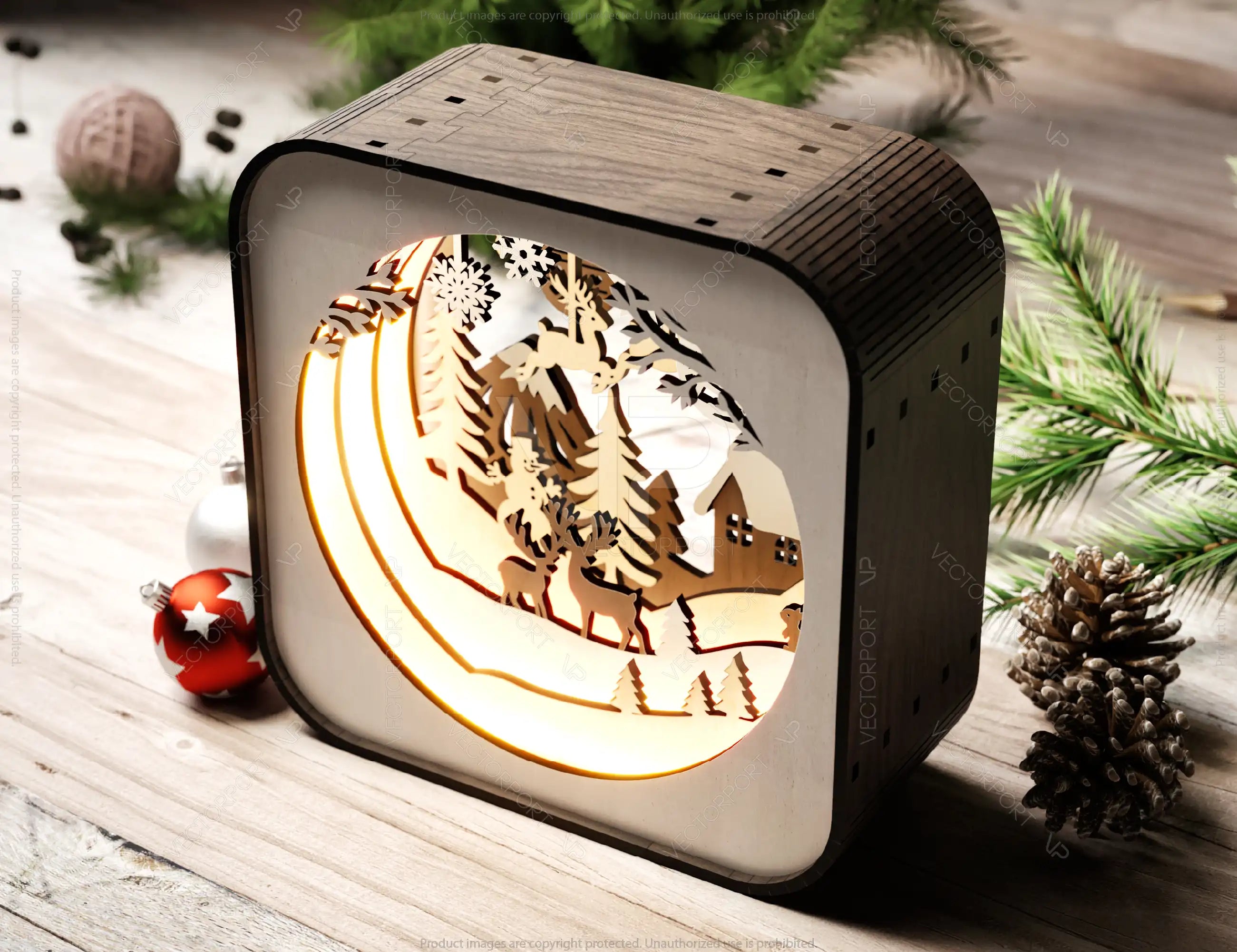 Christmas Village Lantern | Laser Cut Snowman, Reindeer & House | 3D Layered Holiday Table Lamp Digital Download |#U499|