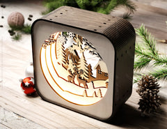 Christmas Village Lantern | Laser Cut Snowman, Reindeer & House | 3D Layered Holiday Table Lamp Digital Download |#U499|