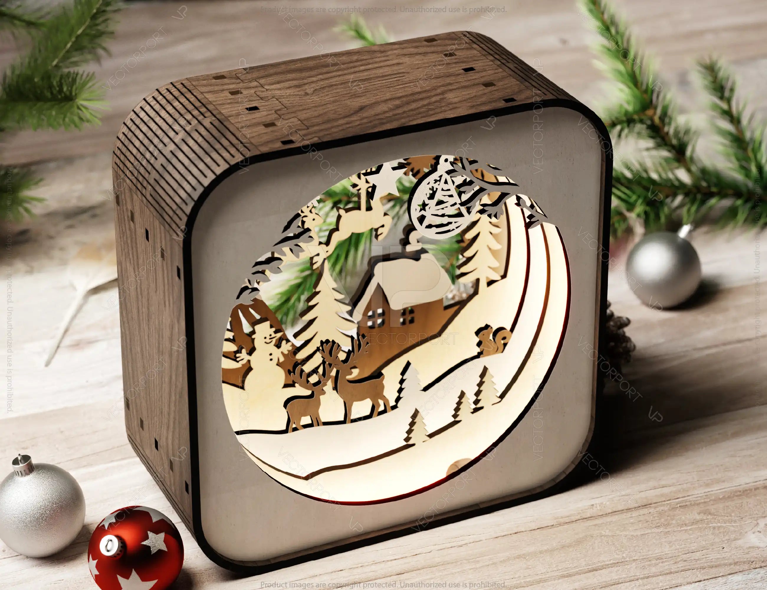 Christmas Village Lantern | Laser Cut Snowman, Reindeer & House | 3D Layered Holiday Table Lamp Digital Download |#U499|