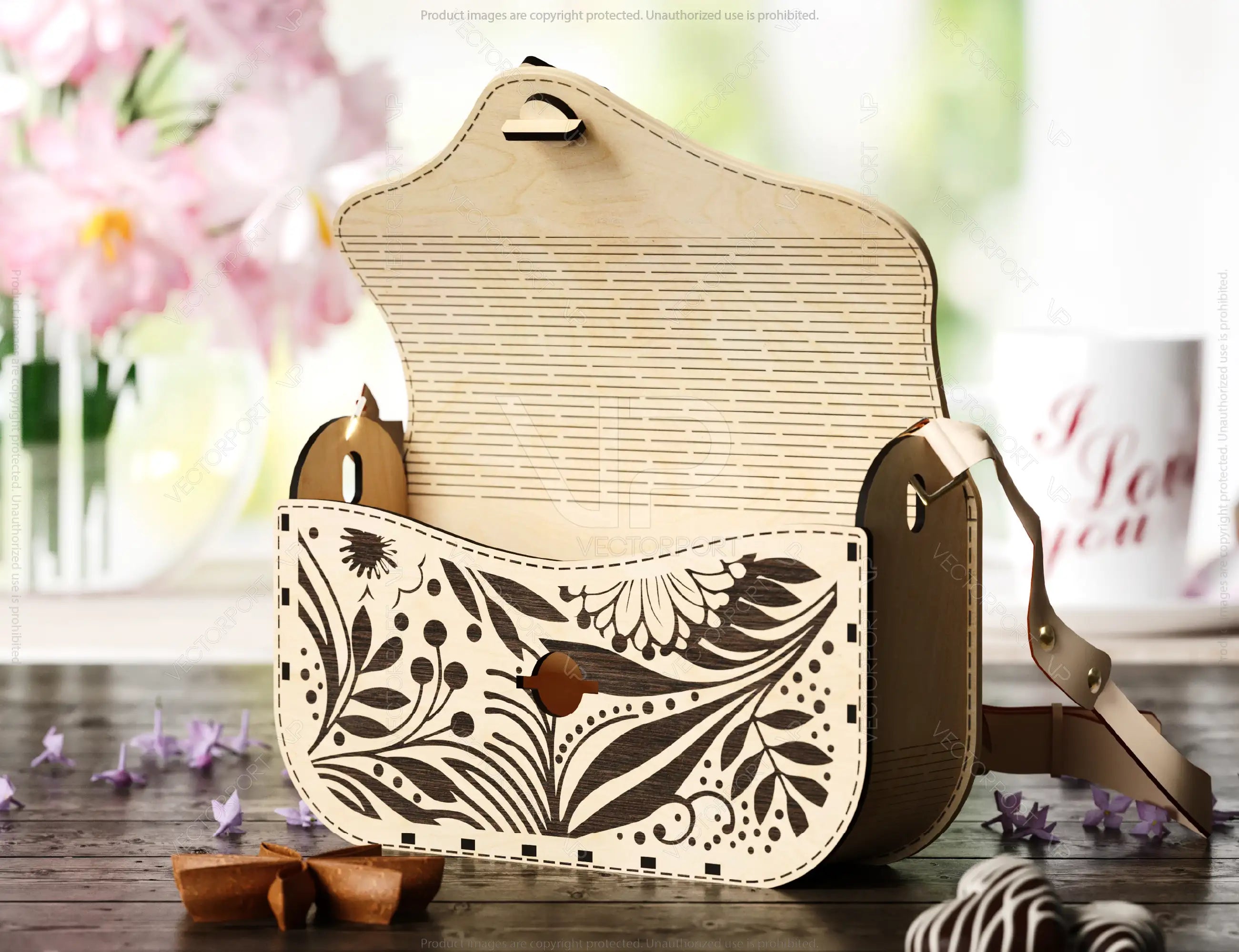 Elegant Wooden Purse with Floral Pattern, Laser Cut Fashion Clutch, wooden Bag, Handbag Digital Download SVG |#U502|