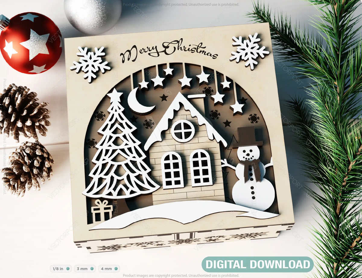 Holiday Ornament Keepsake Box | Village Scene Christmas Laser Cut Box | Wooden Gift Box | New Year Favor Gift Box | Digital Download |#U503|