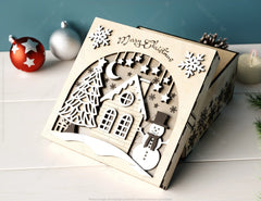 Holiday Ornament Keepsake Box | Village Scene Christmas Laser Cut Box | Wooden Gift Box | New Year Favor Gift Box | Digital Download |#U503|