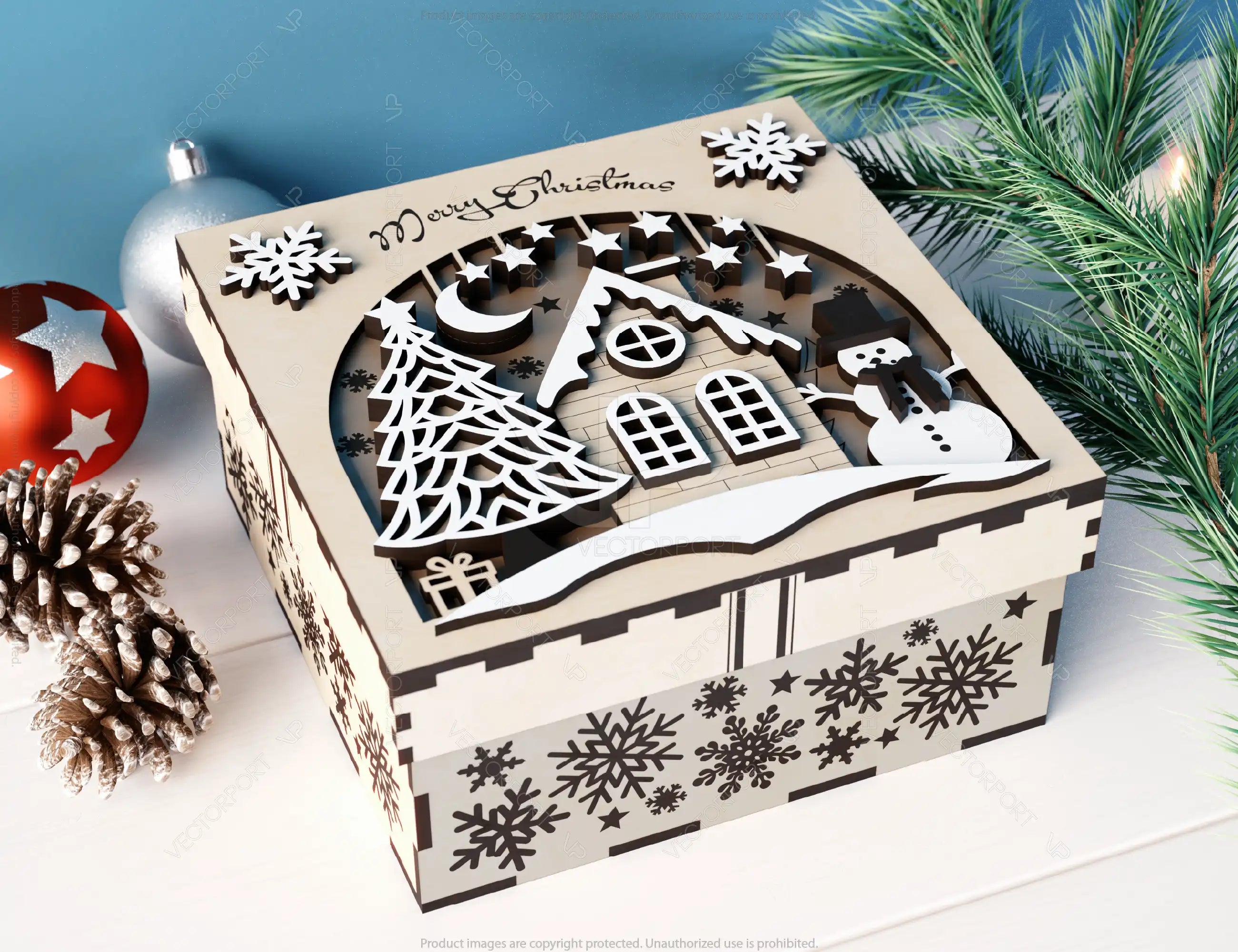 Holiday Ornament Keepsake Box | Village Scene Christmas Laser Cut Box | Wooden Gift Box | New Year Favor Gift Box | Digital Download |#U503|