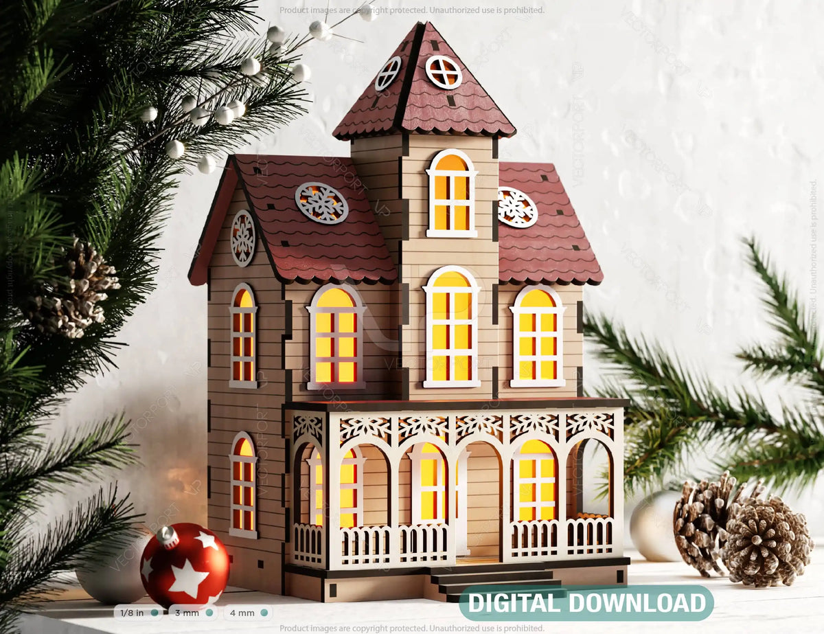 Miniature Snowy House Winter Wonderland Christmas Village New Year Scene Laser Cutting Digital Download |#U504|