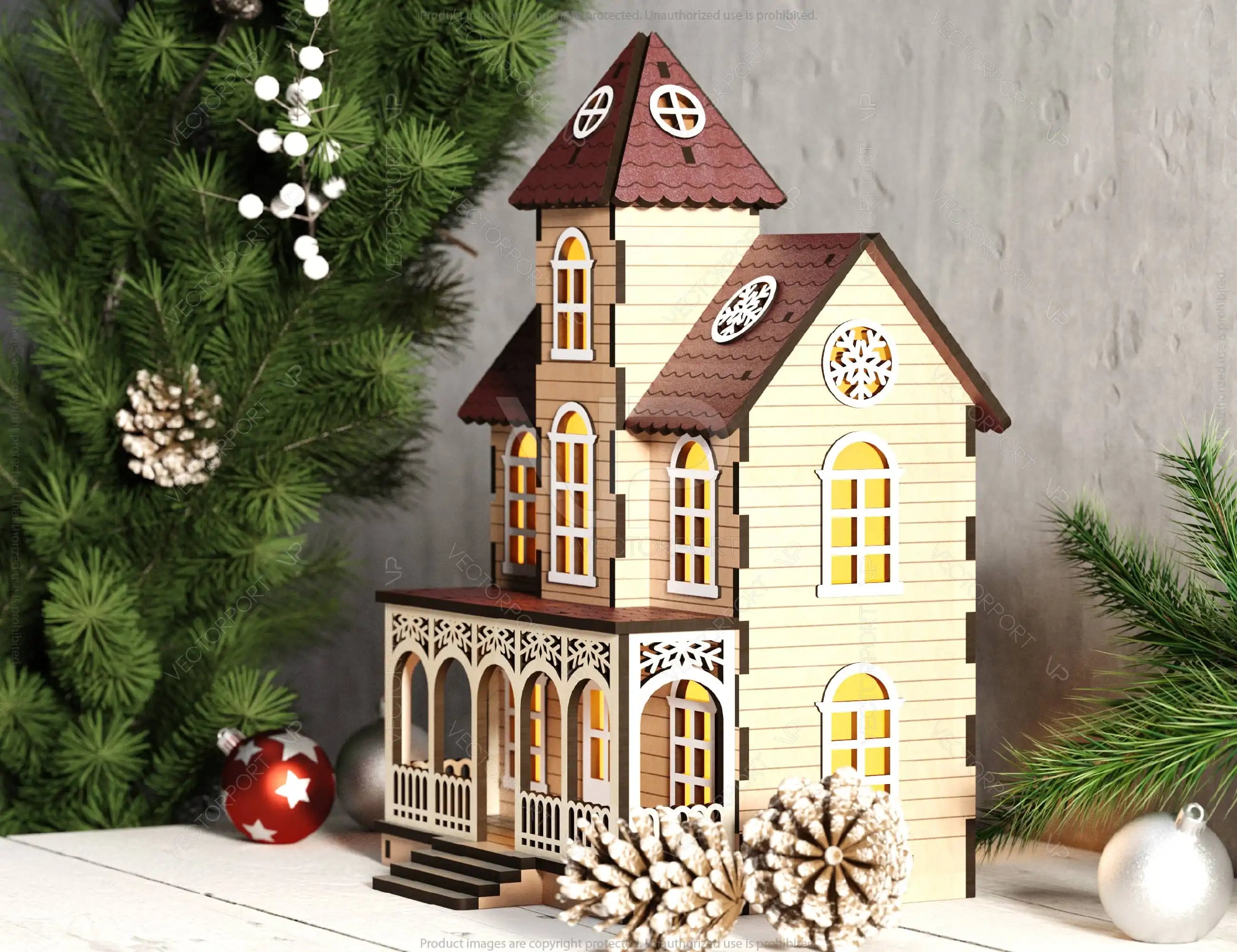 Miniature Snowy House Winter Wonderland Christmas Village New Year Scene Laser Cutting Digital Download |#U504|