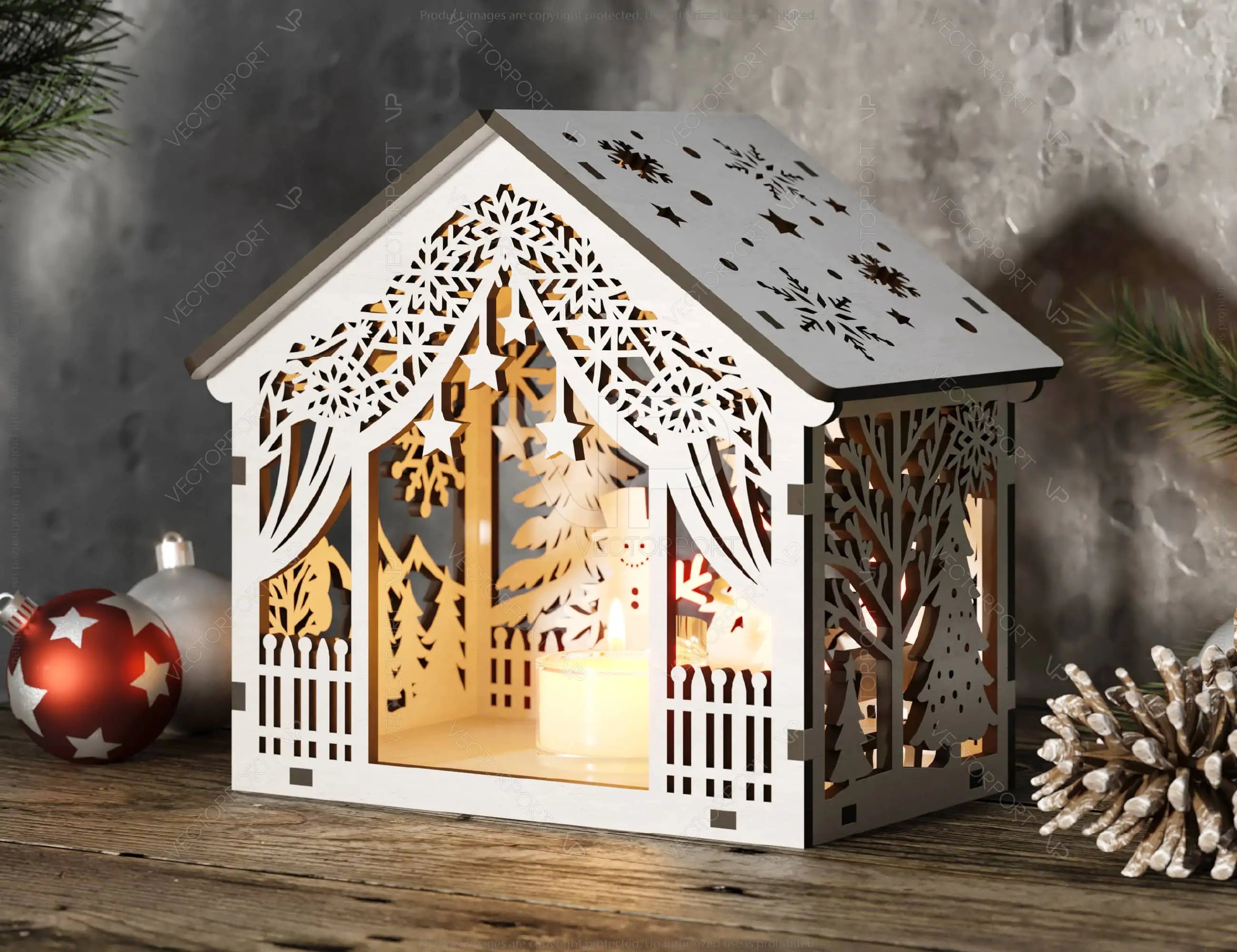 Winter Wonderland Lantern – Cozy Forest Scene Snowy Miniature House – Tent Shape New Year Scene Laser Cutting Digital Download |#U505|