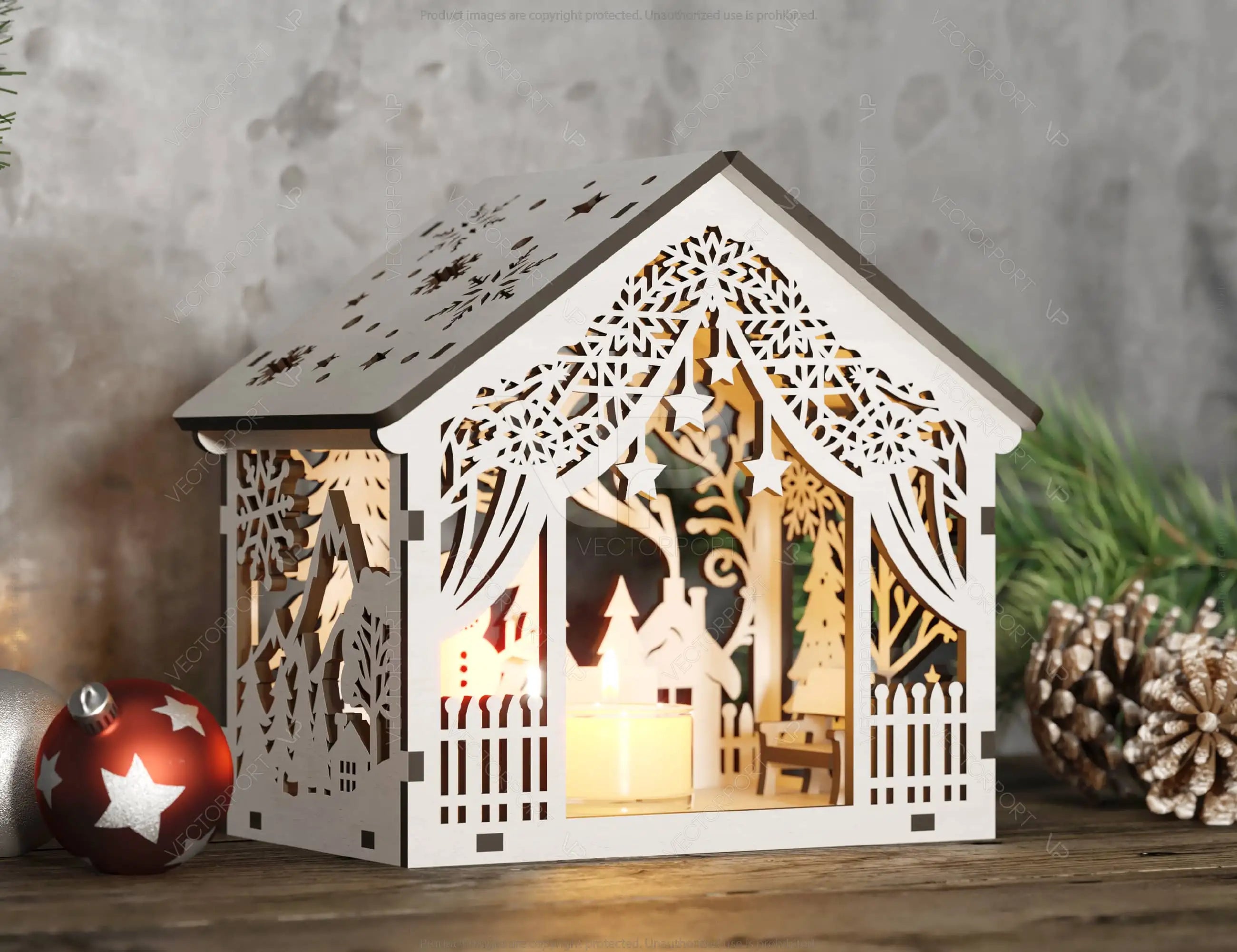 Winter Wonderland Lantern – Cozy Forest Scene Snowy Miniature House – Tent Shape New Year Scene Laser Cutting Digital Download |#U505|