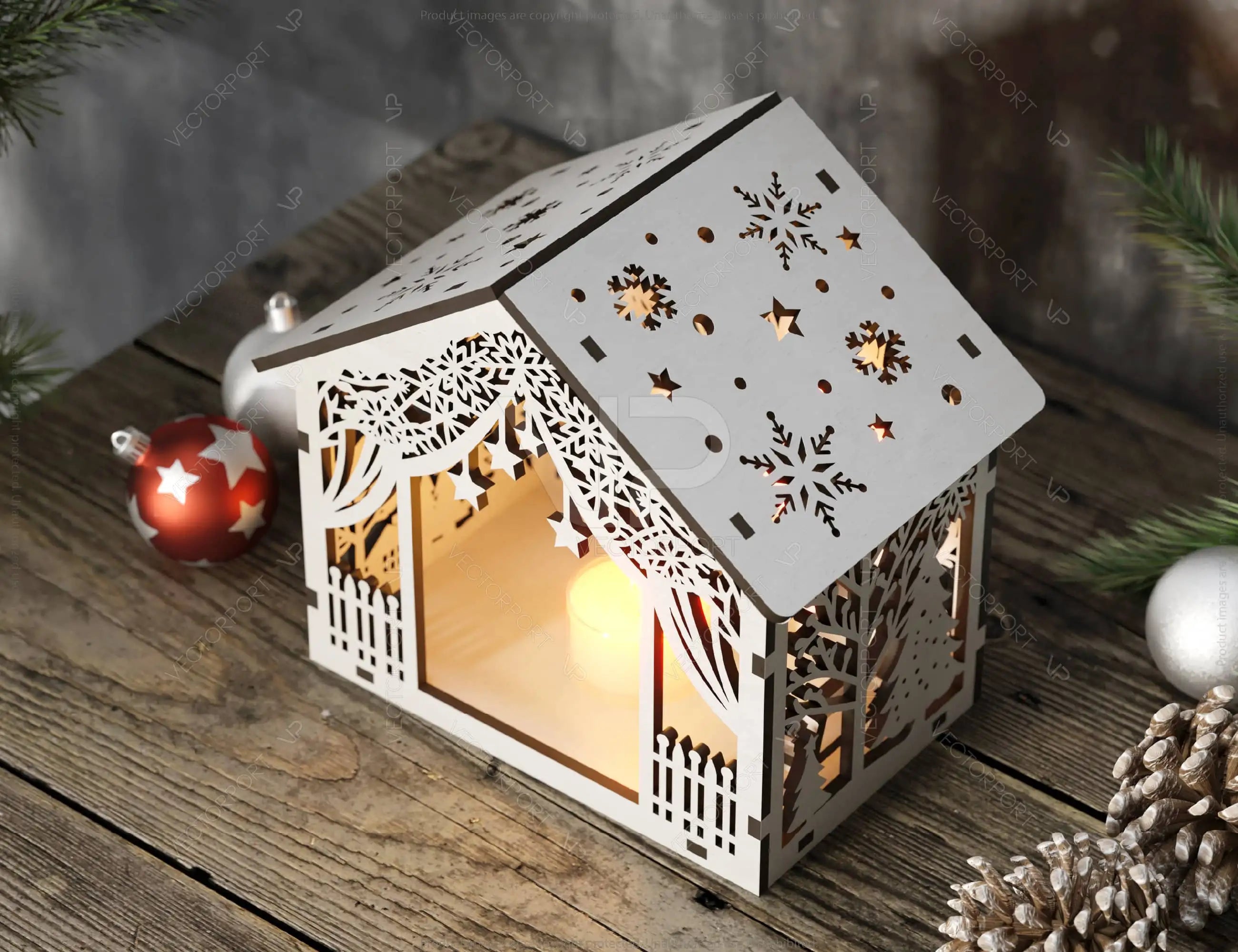 Winter Wonderland Lantern – Cozy Forest Scene Snowy Miniature House – Tent Shape New Year Scene Laser Cutting Digital Download |#U505|