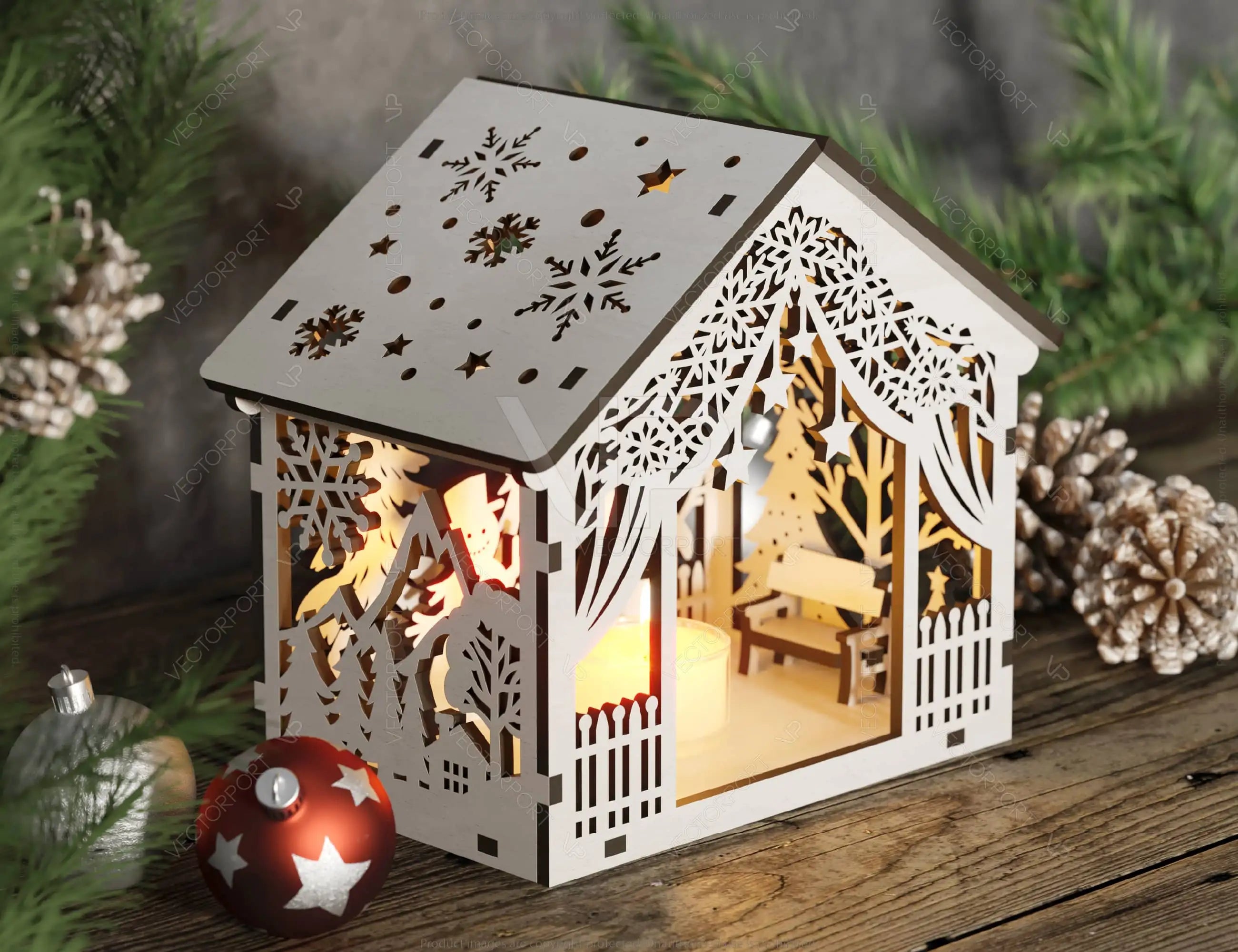 Winter Wonderland Lantern – Cozy Forest Scene Snowy Miniature House – Tent Shape New Year Scene Laser Cutting Digital Download |#U505|