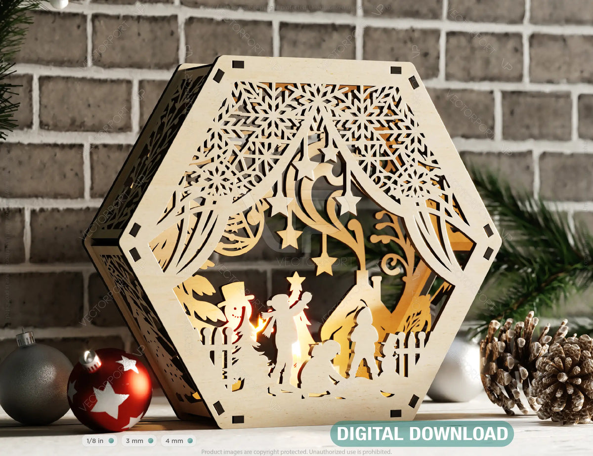 Winter Wonderland Hexagon Laser Cut Lamp Snowy Scene Christmas Lantern Candle Holder, Decoration Night Light, Digital Download |#U506|