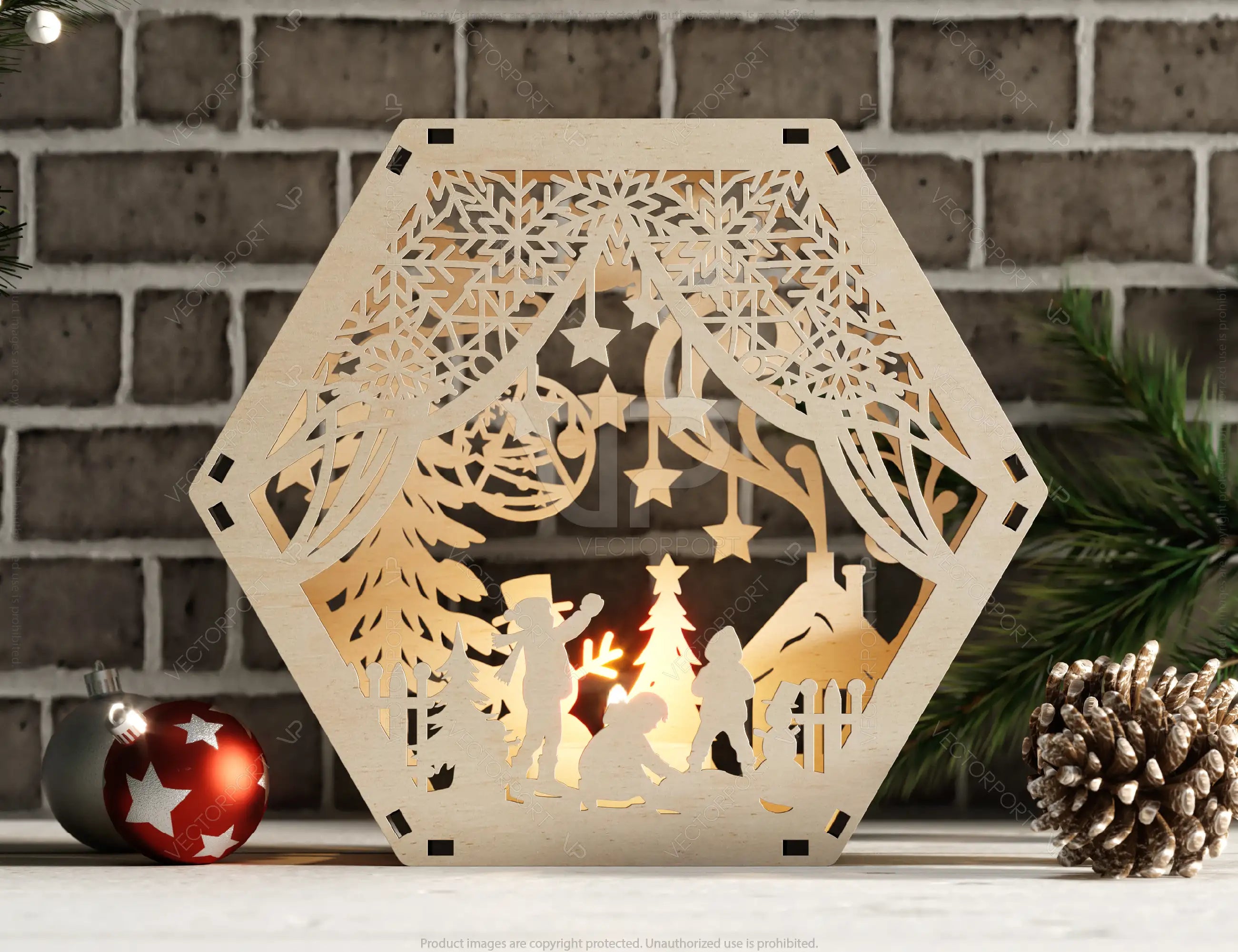 Winter Wonderland Hexagon Laser Cut Lamp Snowy Scene Christmas Lantern Candle Holder, Decoration Night Light, Digital Download |#U506|