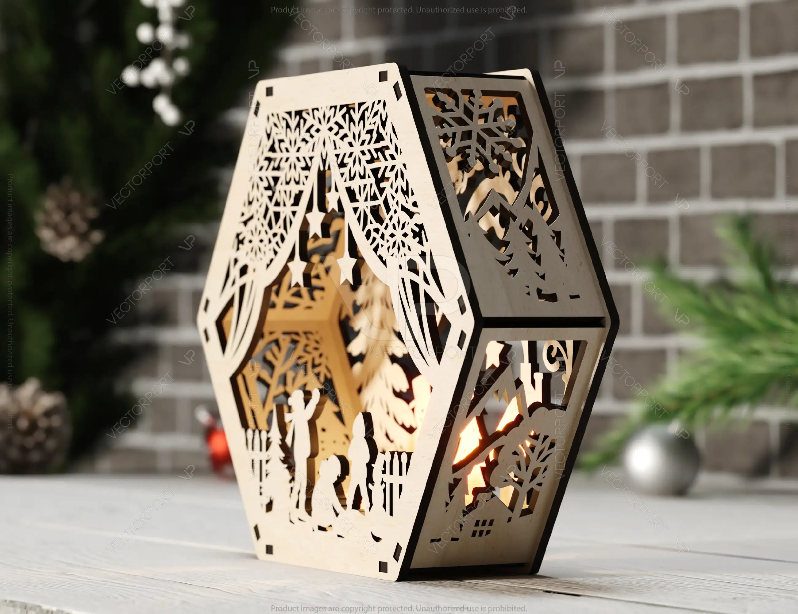 Winter Wonderland Hexagon Laser Cut Lamp Snowy Scene Christmas Lantern Candle Holder, Decoration Night Light, Digital Download |#U506|