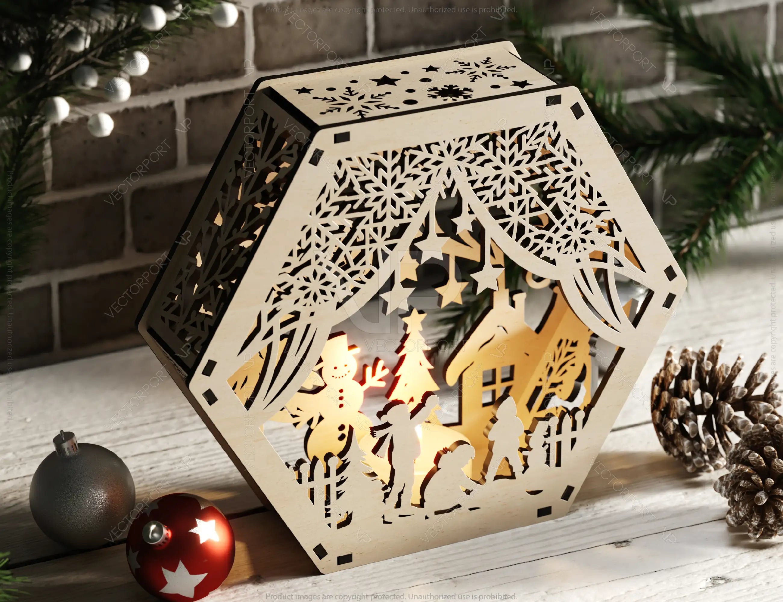 Winter Wonderland Hexagon Laser Cut Lamp Snowy Scene Christmas Lantern Candle Holder, Decoration Night Light, Digital Download |#U506|