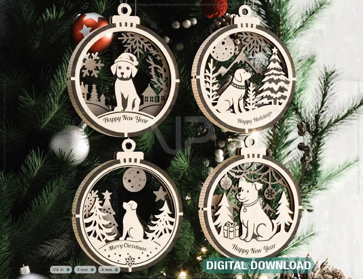 Dog Theme New Year Theme 3D Christmas Ornament Set Tree Decorations Craft Hanging Bauble Snowy Scene Pup Laser Cut Digital Download |#U507|