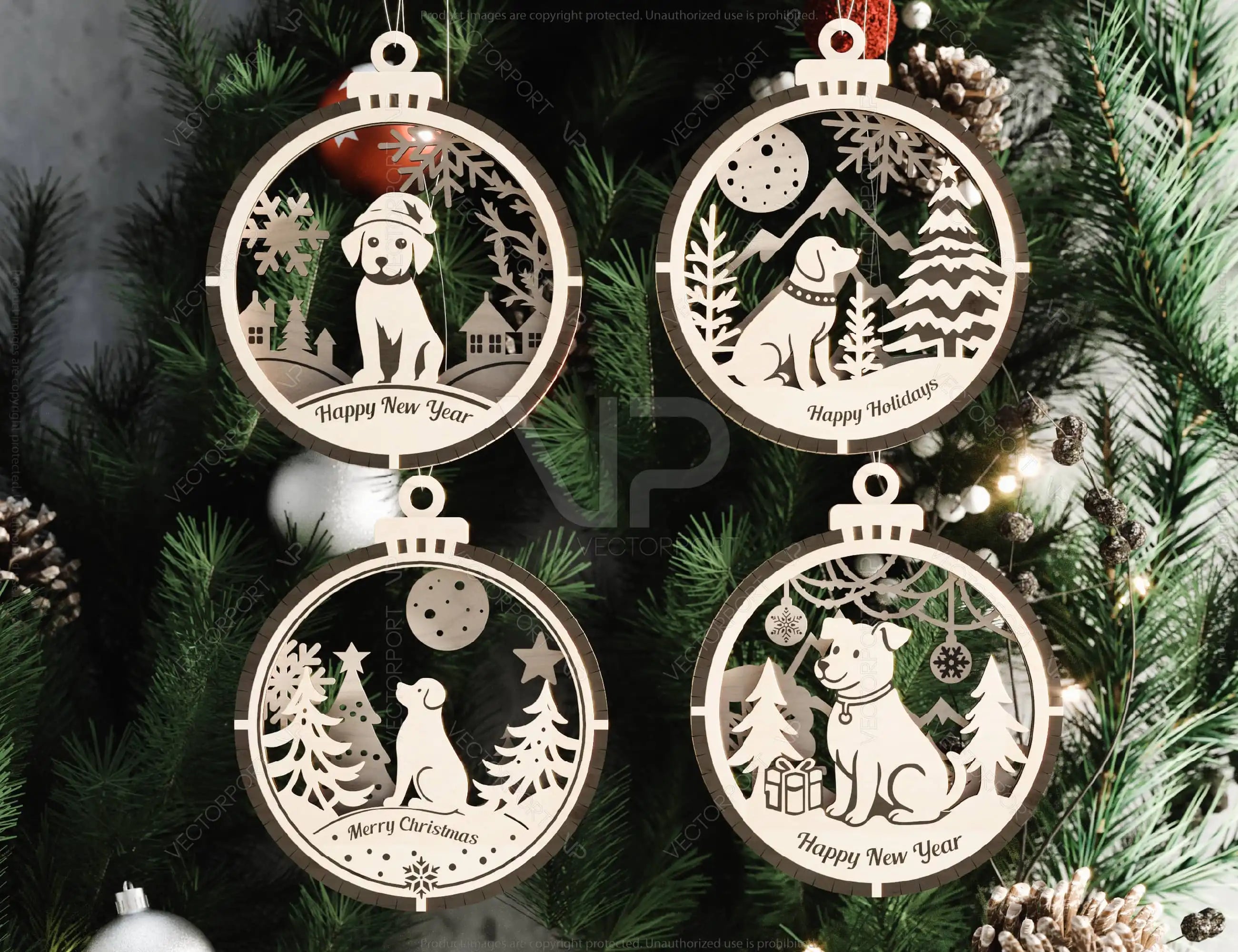 Dog Theme New Year Theme 3D Christmas Ornament Set Tree Decorations Craft Hanging Bauble Snowy Scene Pup Laser Cut Digital Download |#U507|