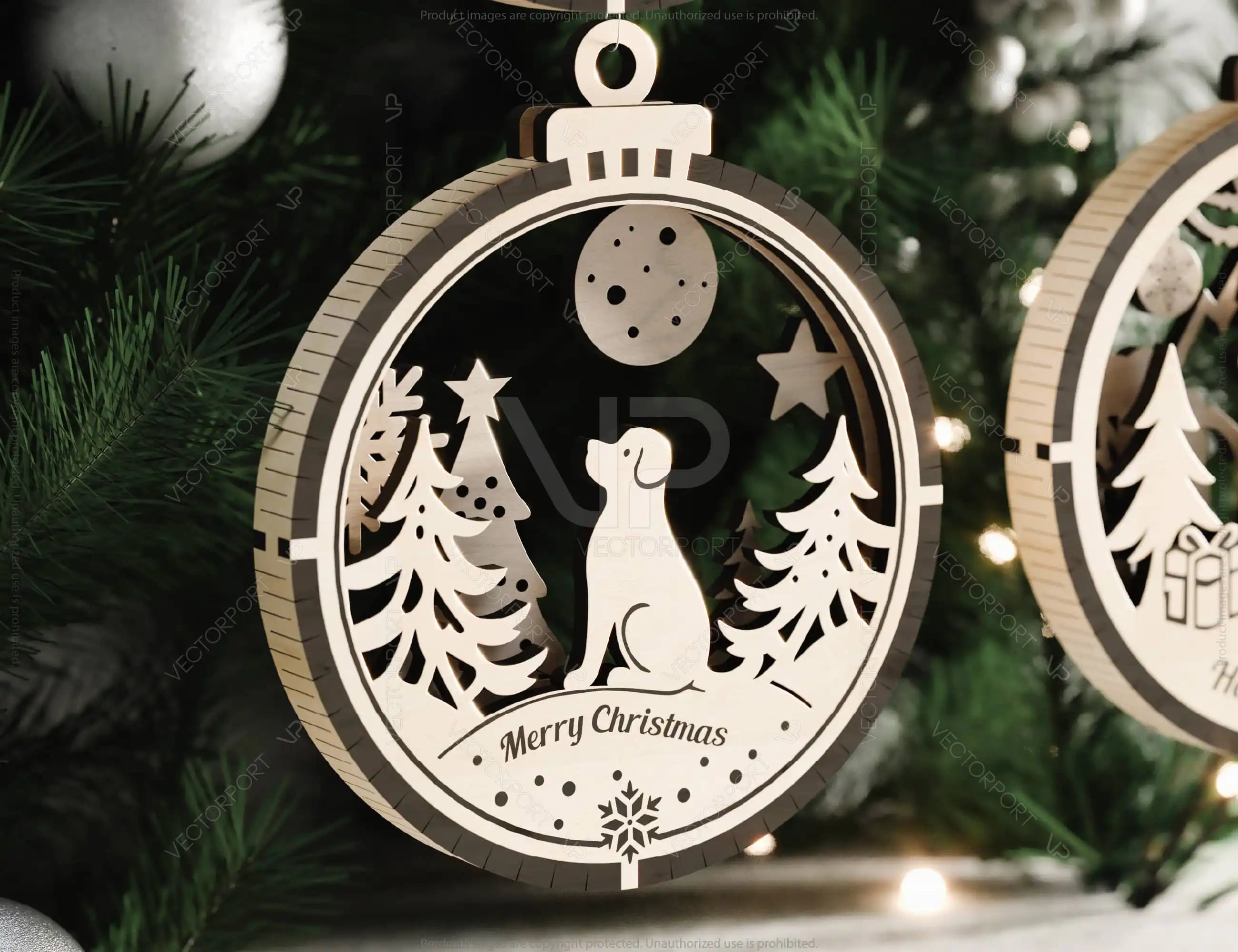 Dog Theme New Year Theme 3D Christmas Ornament Set Tree Decorations Craft Hanging Bauble Snowy Scene Pup Laser Cut Digital Download |#U507|