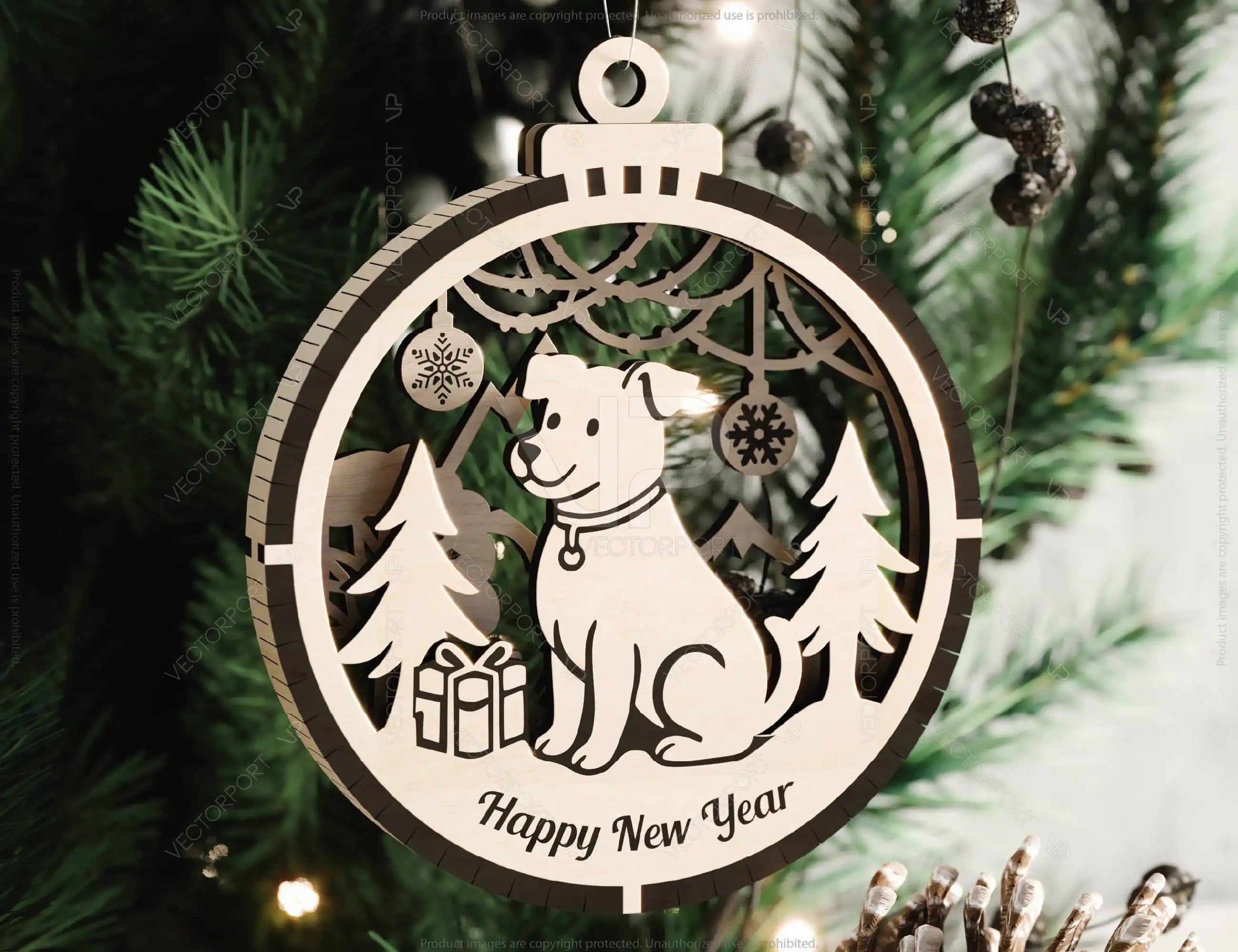 Dog Theme New Year Theme 3D Christmas Ornament Set Tree Decorations Craft Hanging Bauble Snowy Scene Pup Laser Cut Digital Download |#U507|