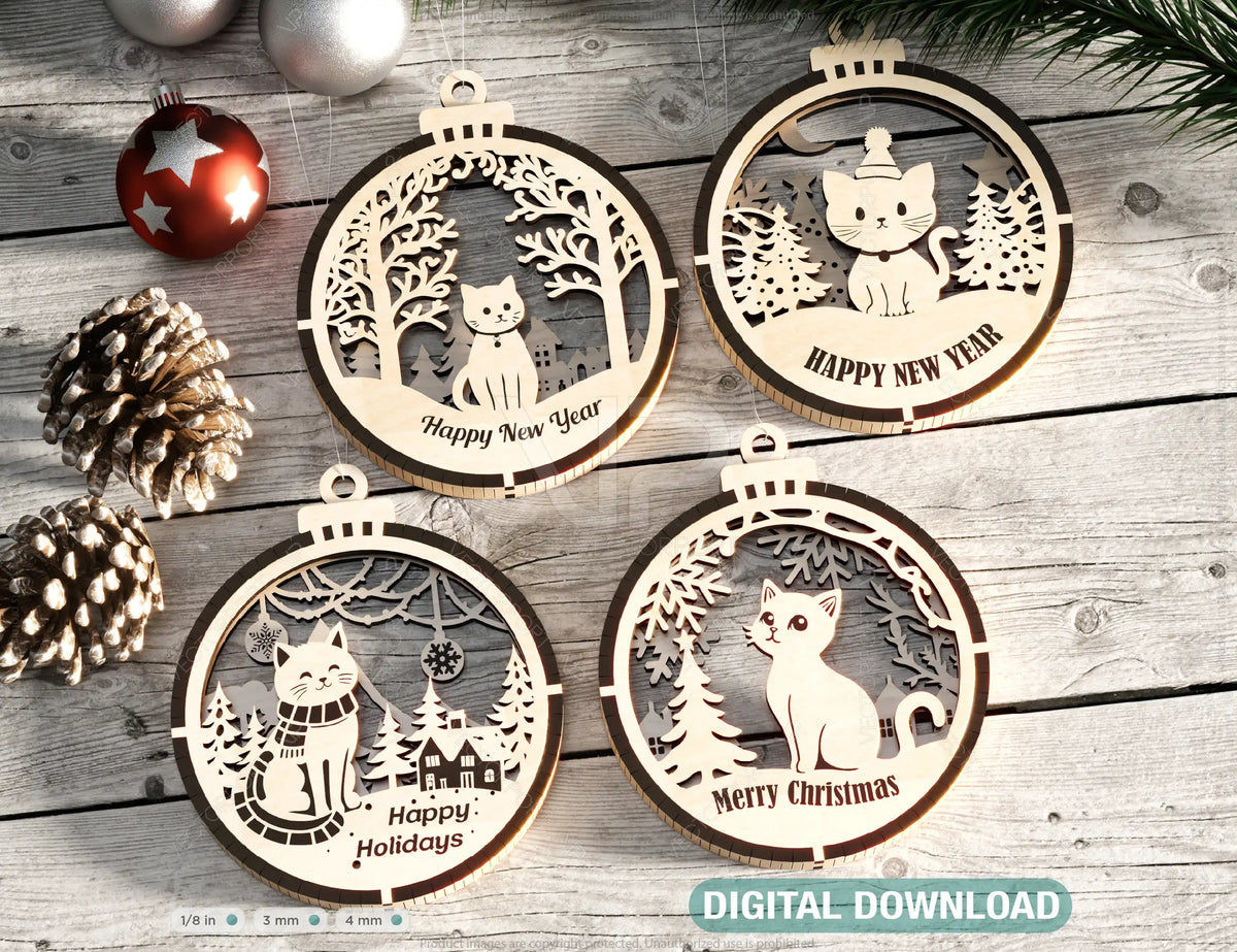 Cat Theme New Year Theme 3D Christmas Ornament Set Tree Decorations Craft Hanging Bauble Snowy Scene Pup Laser Cut Digital Download |#U508|