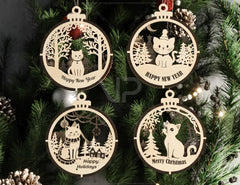 Cat Theme New Year Theme 3D Christmas Ornament Set Tree Decorations Craft Hanging Bauble Snowy Scene Pup Laser Cut Digital Download |#U508|