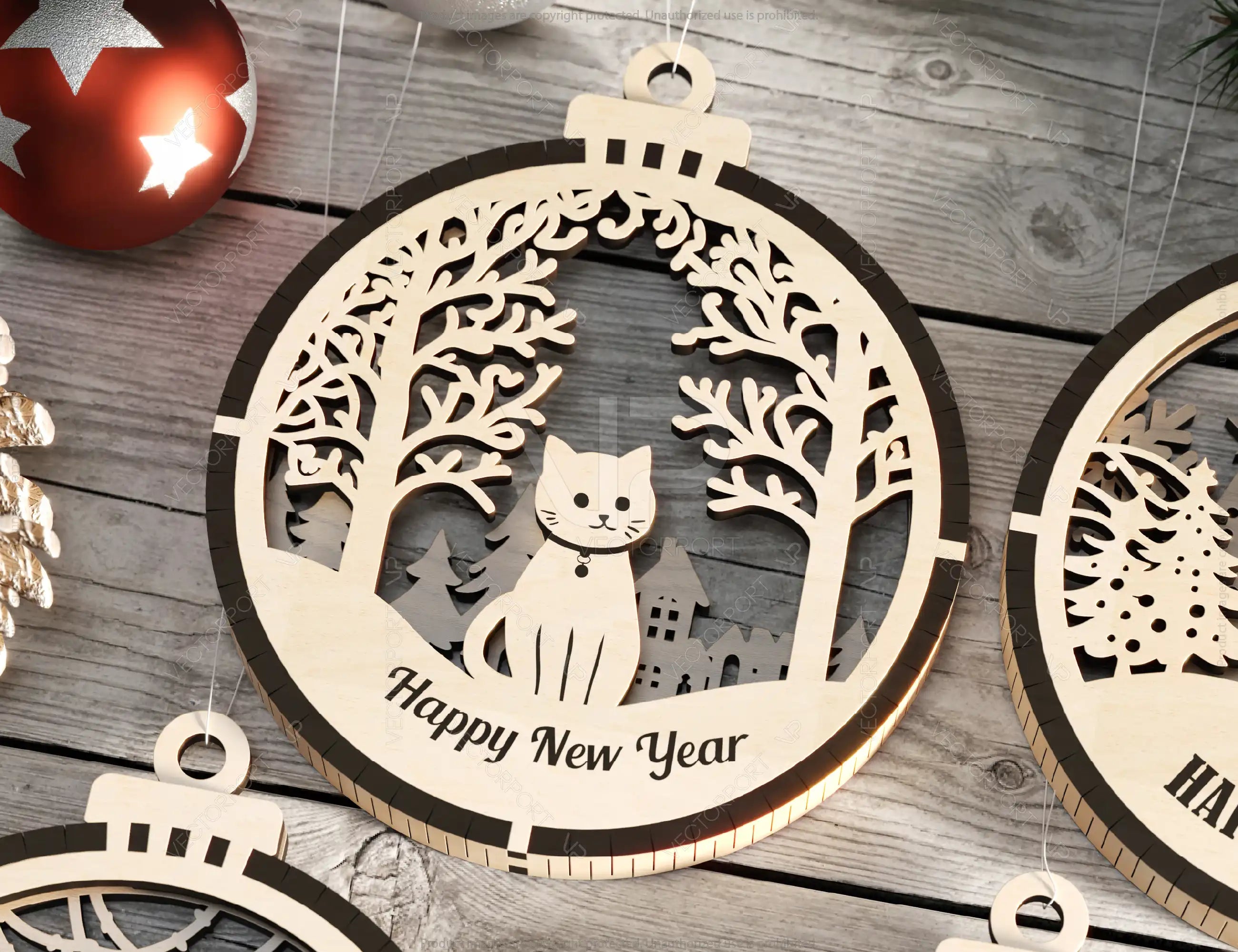 Cat Theme New Year Theme 3D Christmas Ornament Set Tree Decorations Craft Hanging Bauble Snowy Scene Pup Laser Cut Digital Download |#U508|