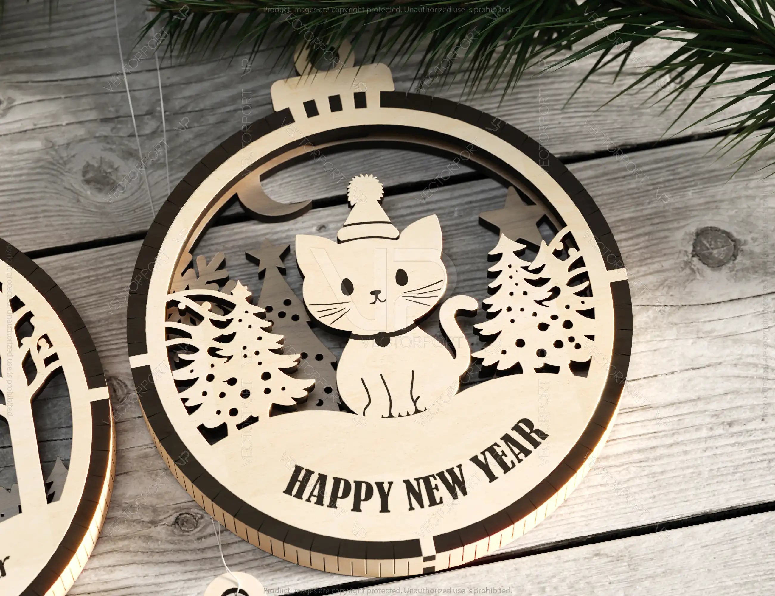 Cat Theme New Year Theme 3D Christmas Ornament Set Tree Decorations Craft Hanging Bauble Snowy Scene Pup Laser Cut Digital Download |#U508|