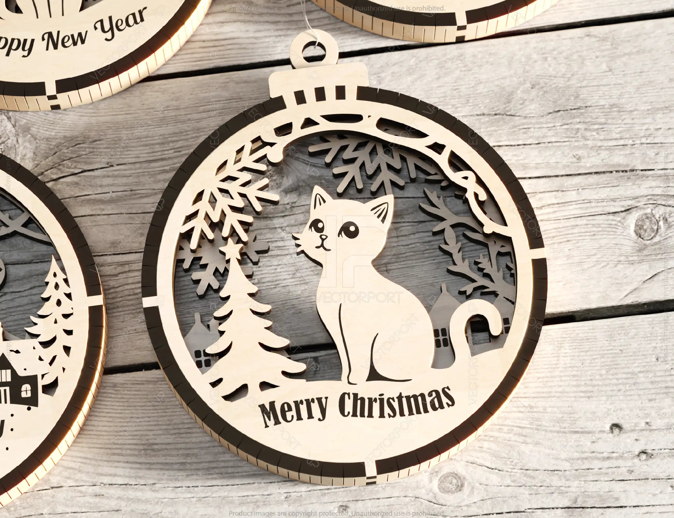 Cat Theme New Year Theme 3D Christmas Ornament Set Tree Decorations Craft Hanging Bauble Snowy Scene Pup Laser Cut Digital Download |#U508|