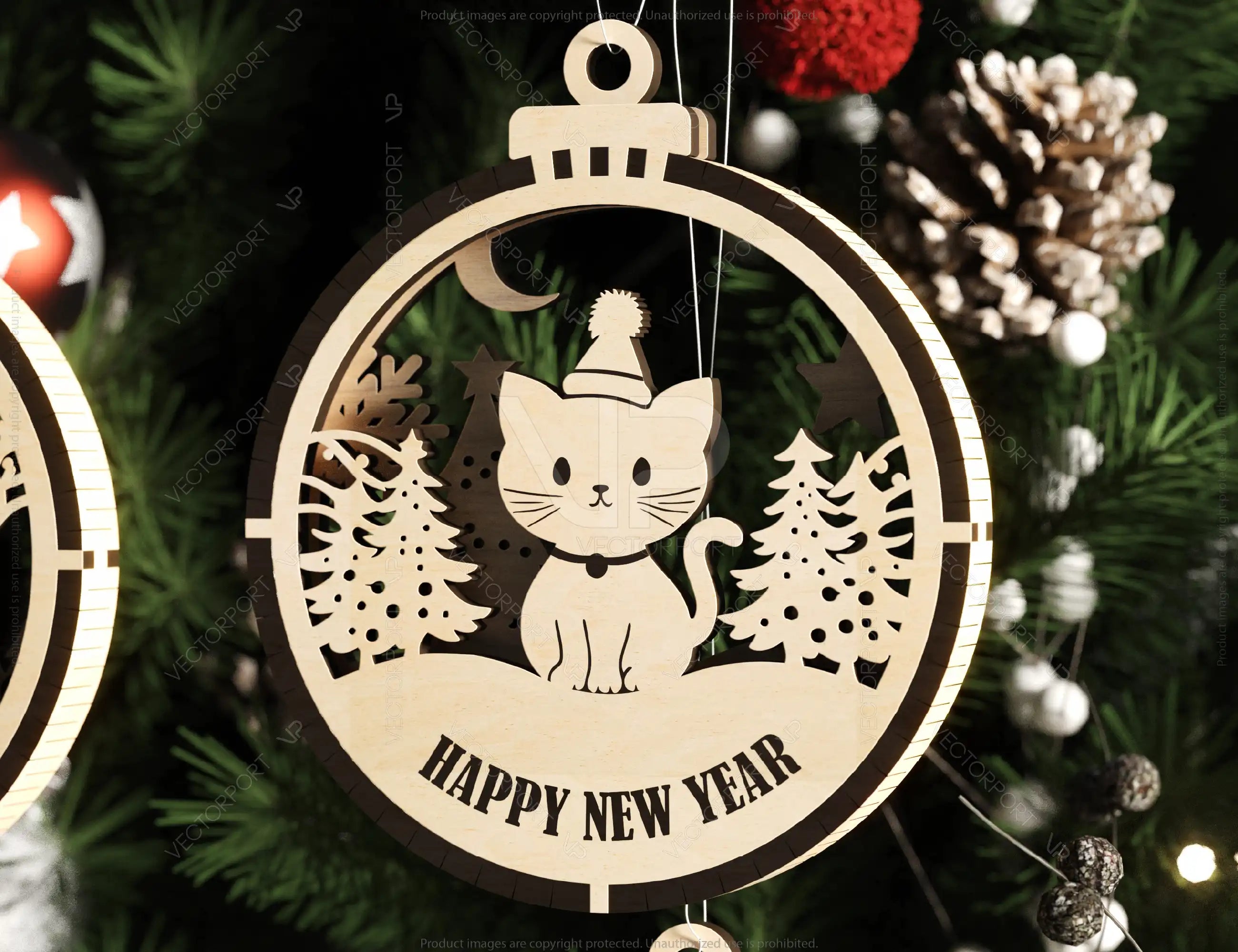 Cat Theme New Year Theme 3D Christmas Ornament Set Tree Decorations Craft Hanging Bauble Snowy Scene Pup Laser Cut Digital Download |#U508|